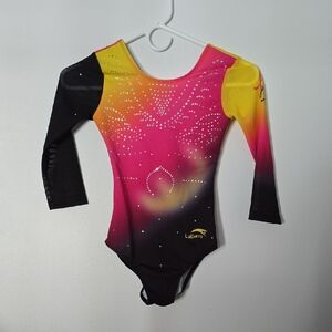 LaGurro 3/4 Sleeve Leotard Pink and Yellow Gradient AXS Rhinestones Gymnastics